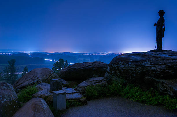 Foggy night on Little Round Top, in Gettysburg, PA. stock photo
