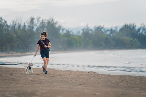 Asian Chinese woman running with toy poodle at beach weekend morning