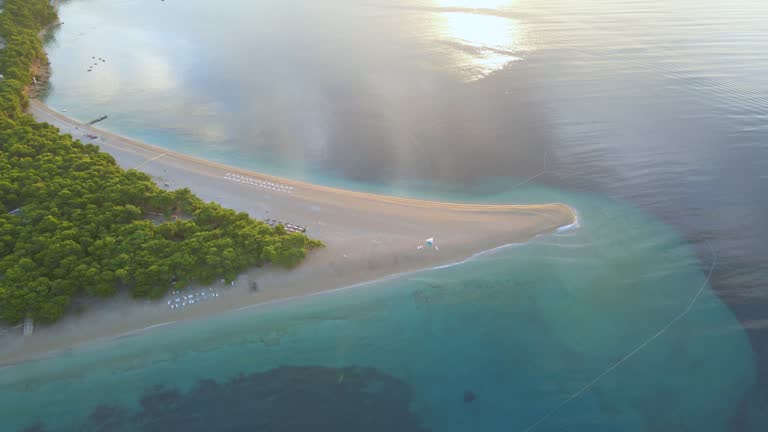 Aerial overview of the Zlatni rat, Golden horn beach, in sunny Brac, Croatia