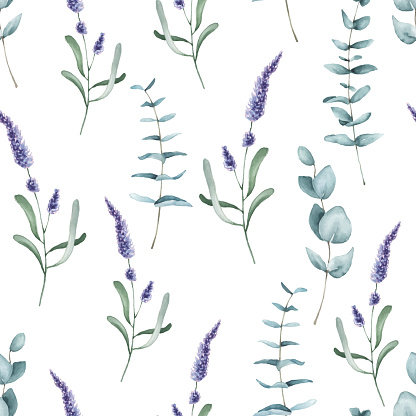 Watercolor floral pattern with lavender flowers and eucalyptus branches