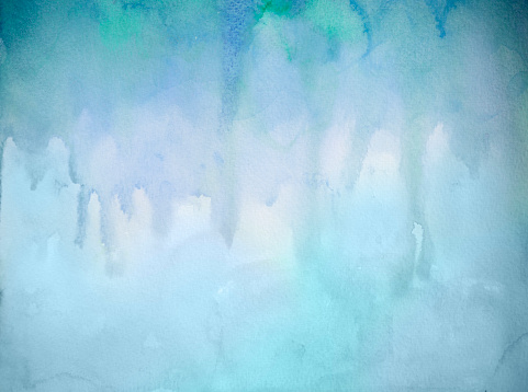 Blue  soft watercolor abstract nature background on white watercolor paper. My own work. Ocean and sand