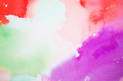 Colorful watercolor background  on white watercolor paper.  Purple, green, red. My own work.