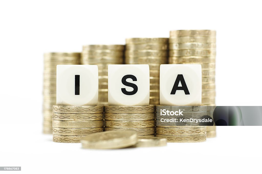 ISA (individuel) sur un compte d'épargne pièces d'or avec fond blanc - Photo de Activité bancaire libre de droits