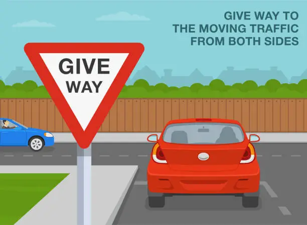 Vector illustration of Safe driving tips and traffic regulation rules. Back view of a car stopped at junction. Close-up of a 