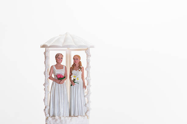 Female wedding couple topper Two femalesmales in a wedding sitiation as a wedding topper wedding cake close up macro stock pictures, royalty-free photos & images