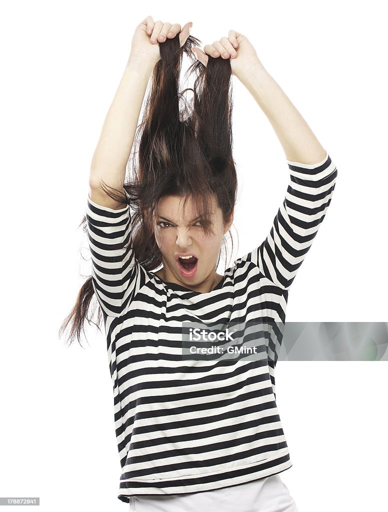 Ritratto di donna nervosa tirando i capelli. - Foto stock royalty-free di Adolescenza