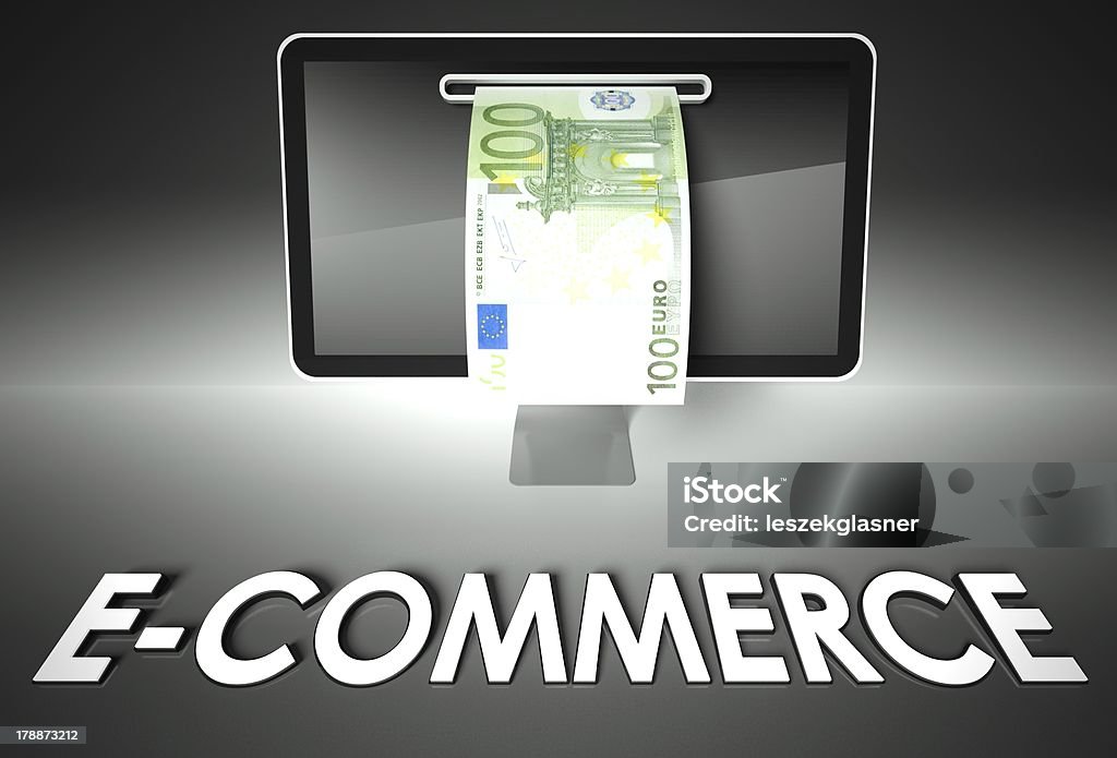 Screen and euro bill, E-commerce Computer screen and euro bill with word E-commerce, Business concept Banking Stock Photo