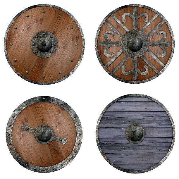 istock Four round wooden shields with assorted metal decorations 178874361