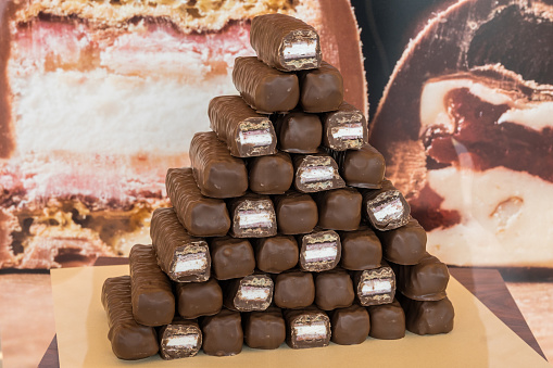 Pyramid of milk neapolitan wafer chocolate bars in Adelaide, Australia