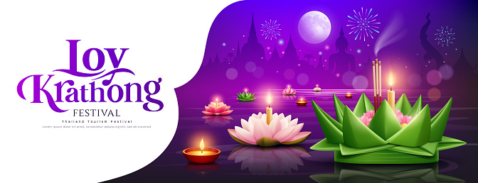 Loy krathong festival in thailand, banana leaf, pink lotus, fireworks at night banner design on purple background, eps10 vector illustration