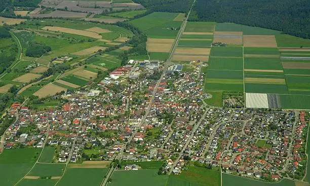 aerial view of Huegelsheim, a small town near Rastatt, Baden Germany