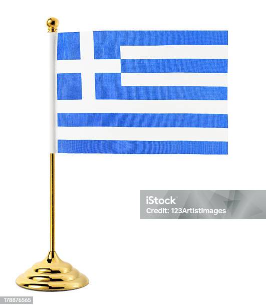 Gold Flagpole Hanging The Flag Of Greece Stock Photo - Download Image Now - Agreement, Blue, Business