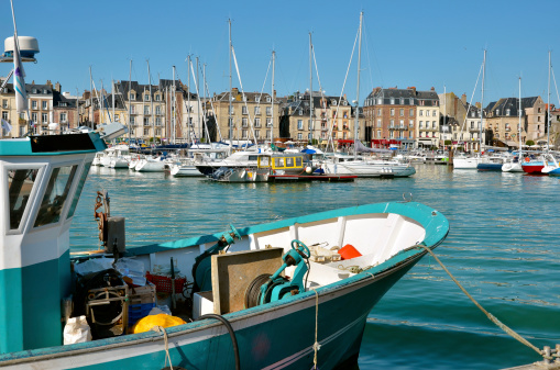 Closeup fishing boat in the port of Dieppe, commune in the Seine-Maritime department in the Haute-Normandie region in northwestern France
