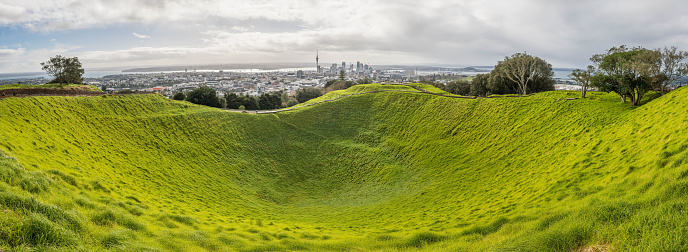 Auckland skyline looking from the top of Mount Eden Crater, New Zealand