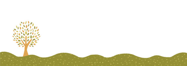 illustrazioni stock, clip art, cartoni animati e icone di tendenza di illustrazione della linea dell'orizzonte autunnale di colore calmo con un albero. per piè di pagina, intestazione, bordo di sfondo e così via. il campo, le colline e le montagne. - leaf autumn falling tree