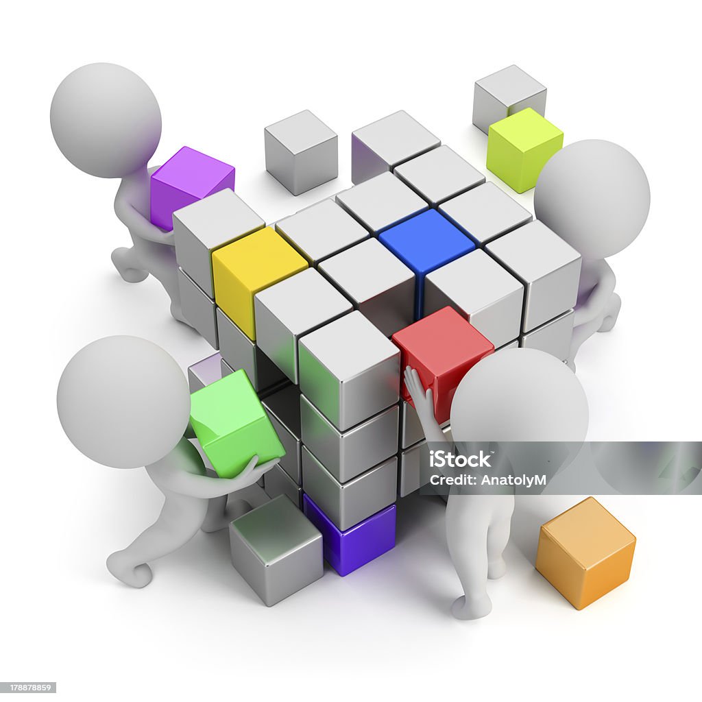 Four cartoon characters building a cube with smaller cubes 3d small people - concept of creating. 3d image. White background. People Stock Photo
