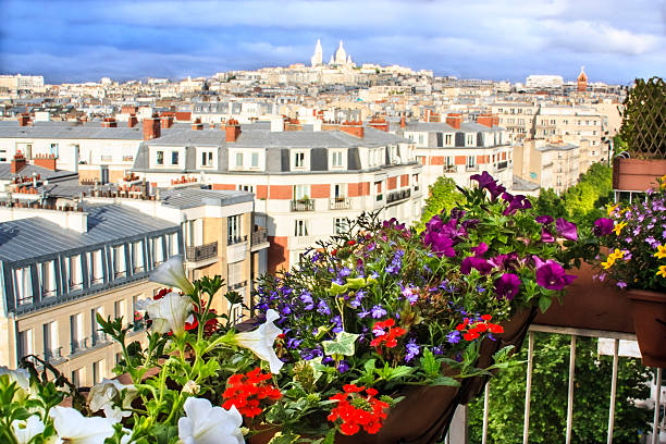 Paris - view from the flowered balcony on city roofs and Sacre-Coeur basilica on the horizont, Paris, France