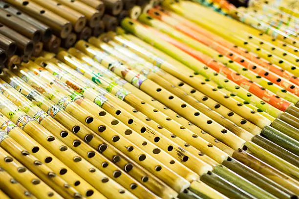 Authentic south american panflutes  in local market in Peru.