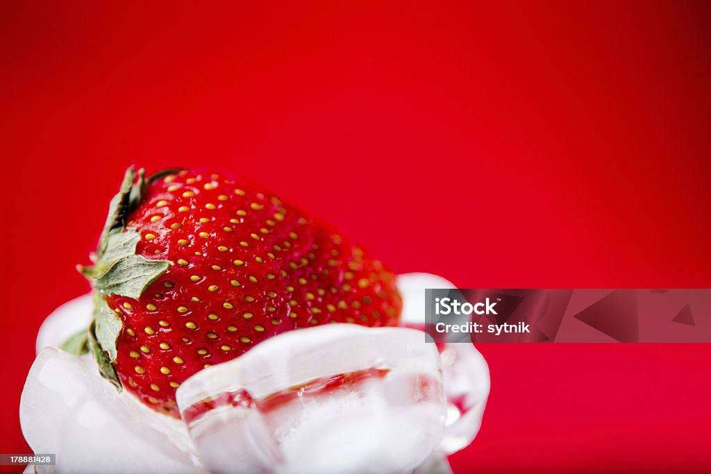 Fragola fresca in bianco ghiaccio su sfondo rosso - Foto stock royalty-free di Agricoltura