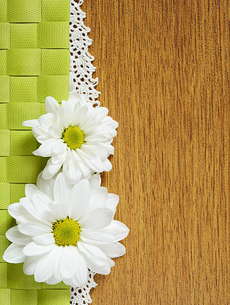 chamomiles su sfondo in legno - single flower brown wood spice foto e immagini stock