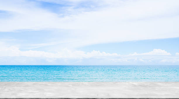 istock Sea Table Background Summer Tropical Blue Ocean with Sky Horizon Island Deck Mockup Stage Product Beauty Cosmetic Sunscreen for Tourism Vacation Relax Travel Holiday, Nature Beautiful Scene. 1788833052
