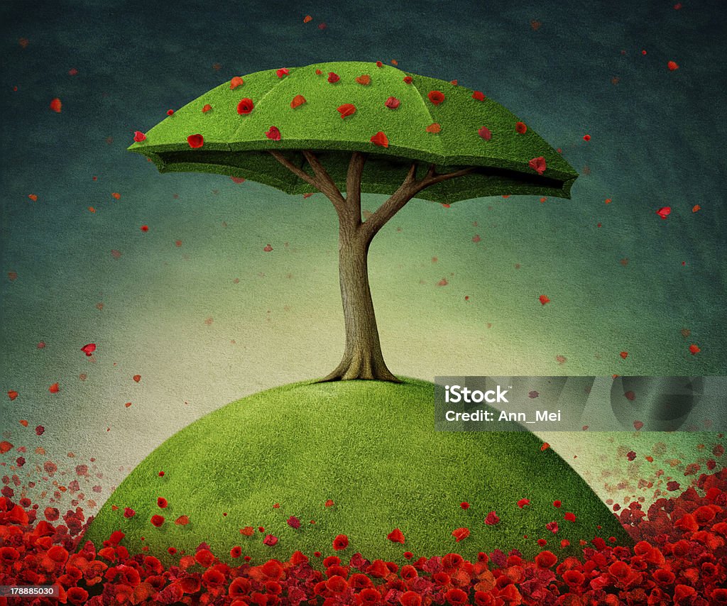 Umbrella tree Conceptual tree, installation, poppies, umbrella. Computer graphics. Agricultural Field stock illustration