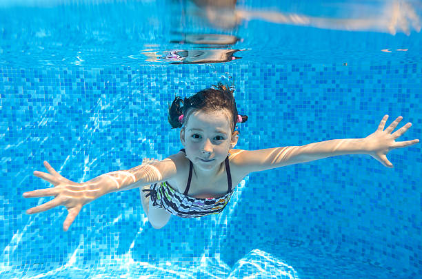 istock Happy active child swims underwater in pool 178885072
