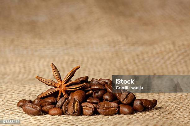 Coffee And Star Anise On Sackcloth With Copyspace Stock Photo - Download Image Now - Agriculture, Anise, Backgrounds