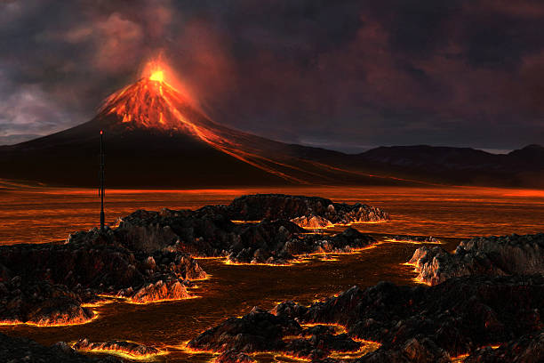 Lava Flowing on Big Island, Hawaii during Sunset. 