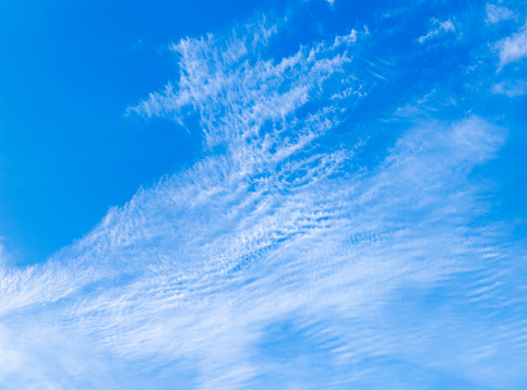 Blue sky with beautiful thin spindrift clouds. Background. Landscape. Wallpaper.