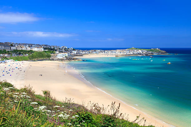 St Ives Cornwall England UK View overlooking Porthminster Beach St Ives Cornwall England UK st ives cornwall stock pictures, royalty-free photos & images