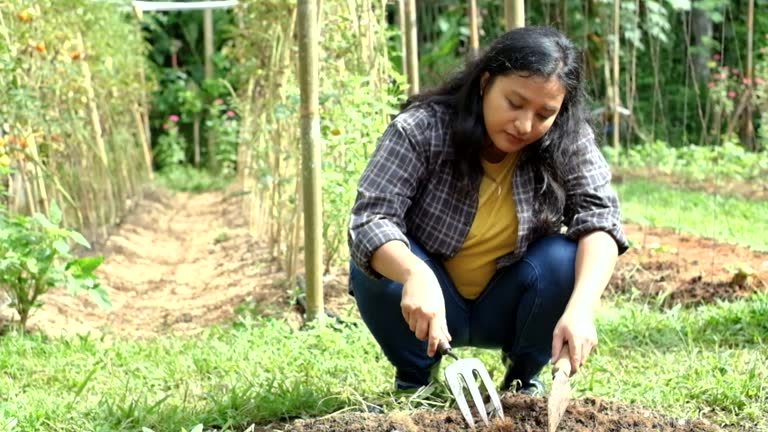 Malaysian woman digging soil in preparation for gardening