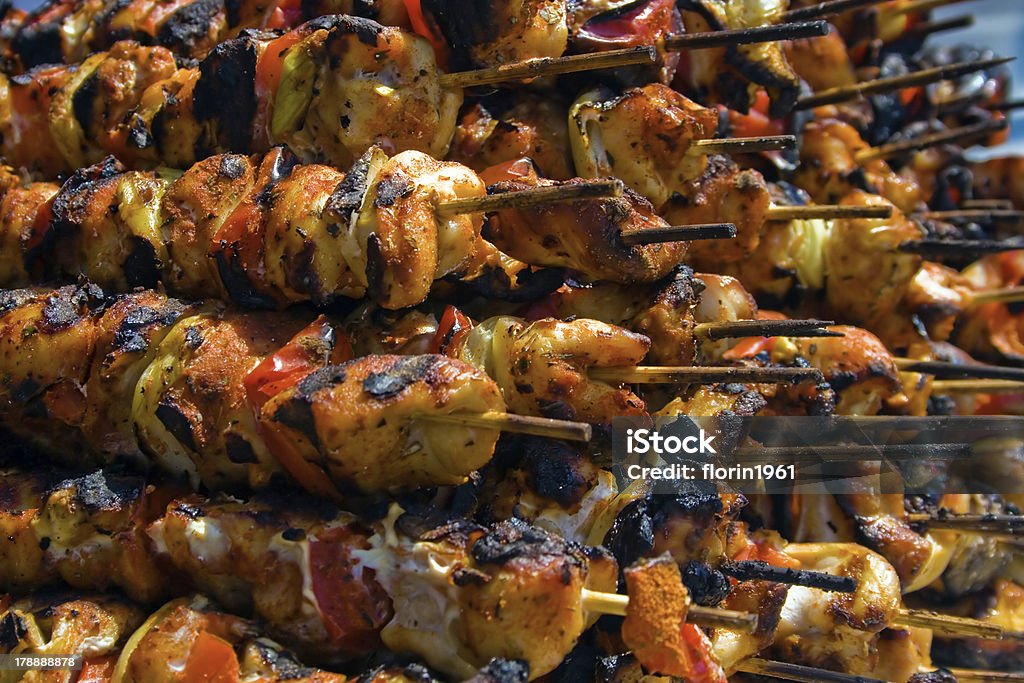 Traditional romanian food Group of skewers arranged to be served. Barbecue Grill Stock Photo