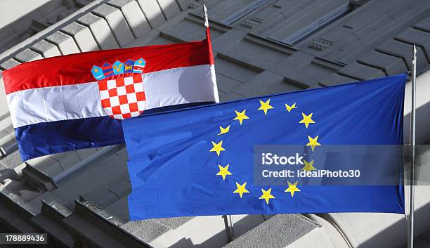 Detail Of Croatian And Eu Flags Stock Photo - Download Image Now - Architectural Feature, Blue, Built Structure