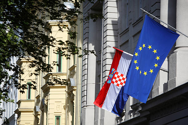 istock Building with EU and Croatian flag 178889468