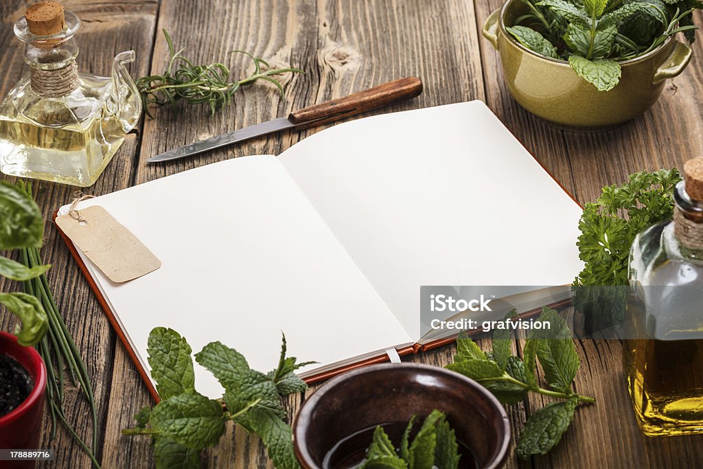 Blank cookbook Blank cookbook for recipes on old wooden background Blank Stock Photo