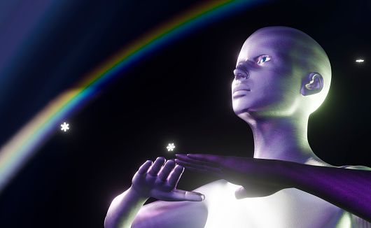 AI robot prays to the night sky