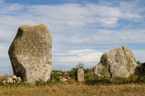 Menhirs and dolmen of the Vieux-Moulin - Old Mill - megalithic landmark near Plouharnel in Brittany, France