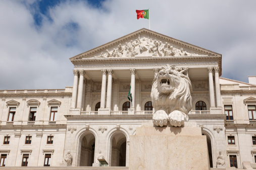 The Palácio de São Bento - the Portuguese Parliament - close to Bairro Alto in Lisbon, Portugal - is guarded by a stone lion