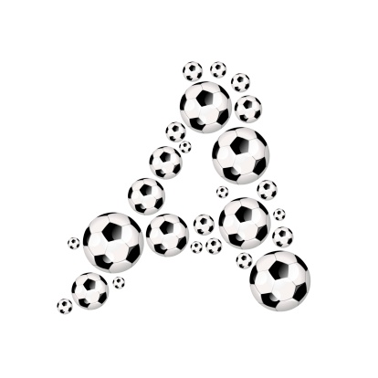 Soccer or football alphabet letter A build with soccer balls or footballs