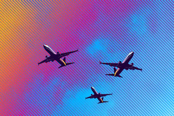 Vector illustration of Airliners taking off into sunrise