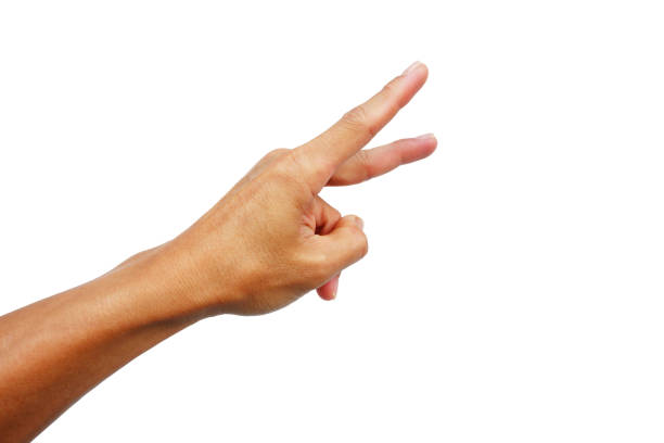 Caucasian adult hand making peace sign gesture against white background.