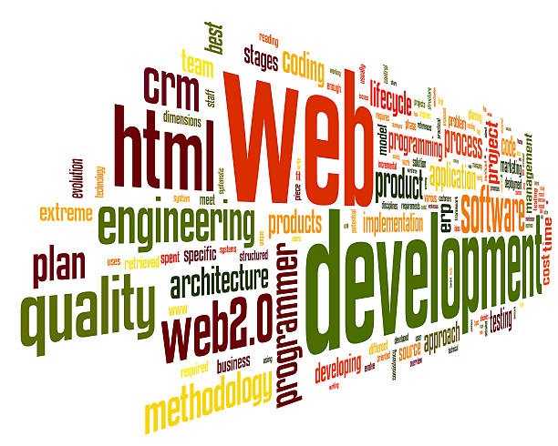 Web development concept in word tag cloud stock photo