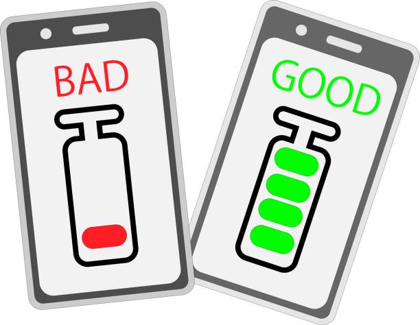 A smartphone without a battery and a smartphone with a full battery Illustration of a smartphone with no battery and a smartphone with a full battery iphone-battery stock illustrations