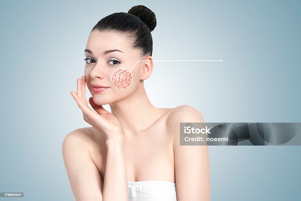 Portrait of woman with digitally enlarged pore for skin care Beautiful young brunette woman portrait - skin care concept Capillary - Body Part Stock Photo