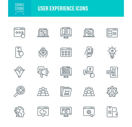 User Experience Icon Set Editable Stroke. For Mobile and Web. Contains such icons as Web Design, Content - Information Medium, Skill, Web Page, Text Writing, Coding, Color Swatch, SEO, DDoS Protection, High Performance, Website Safety, Work Tools