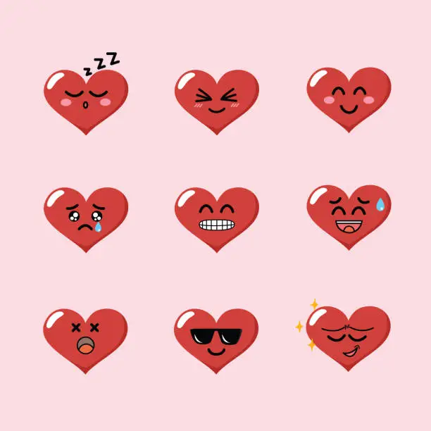 Vector illustration of Heart emoticons isolated on a pink background. Heart emoji set.