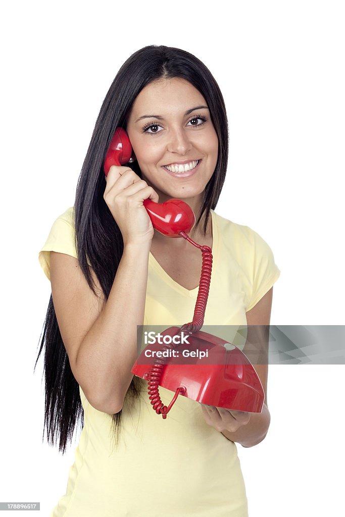 매력적인 brunette 여자아이 전화 통화 빨간색 - 로열티 프리 가능성 스톡 사진