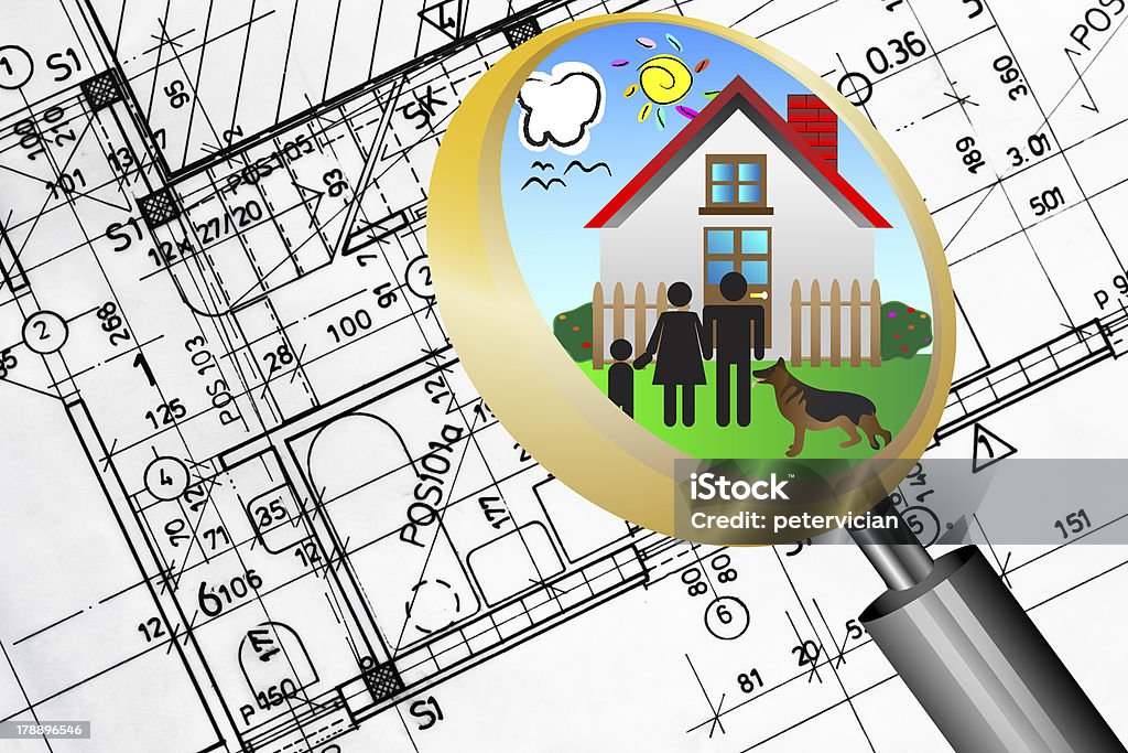 Cianografia architettonica Piano lente di ingrandimento famiglia felice casa da sogno - Foto stock royalty-free di Famiglia