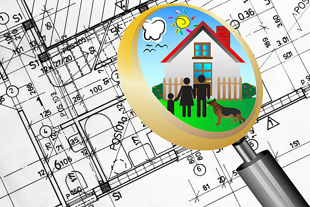 architectural plan blueprint magnifying glass lens happy family dream house stock photo